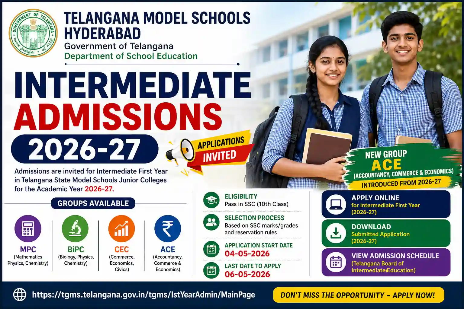 Telangana Model School Inter Admissions 2026 Apply Online