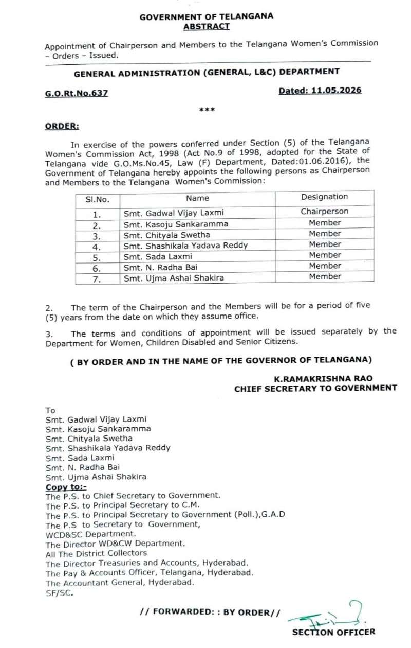 Telangana Government Appoints New Women’s Commission Chairperson